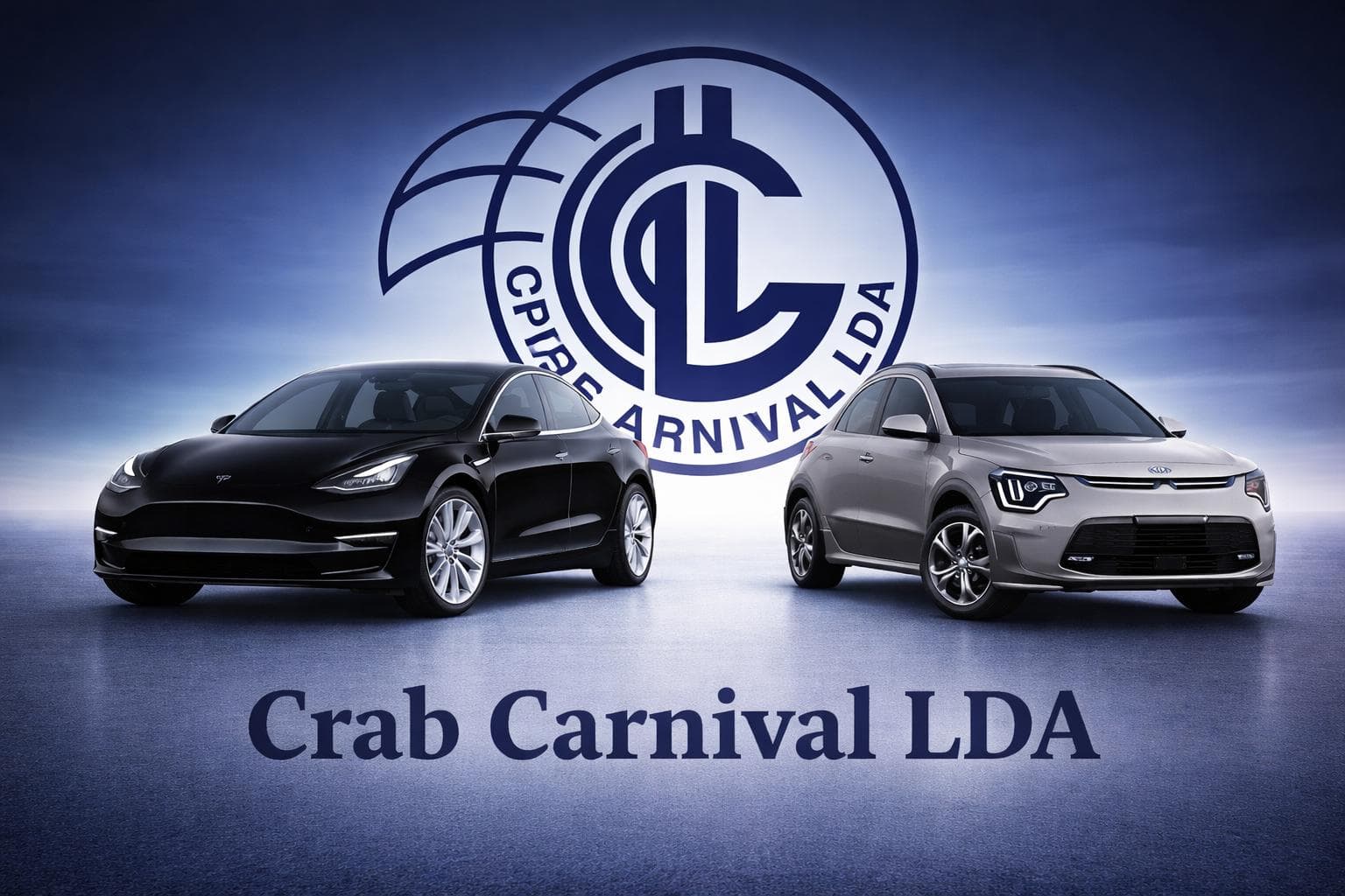 Black Tesla and silver Kia cars displayed with the Crab Carnival LDA company logo.