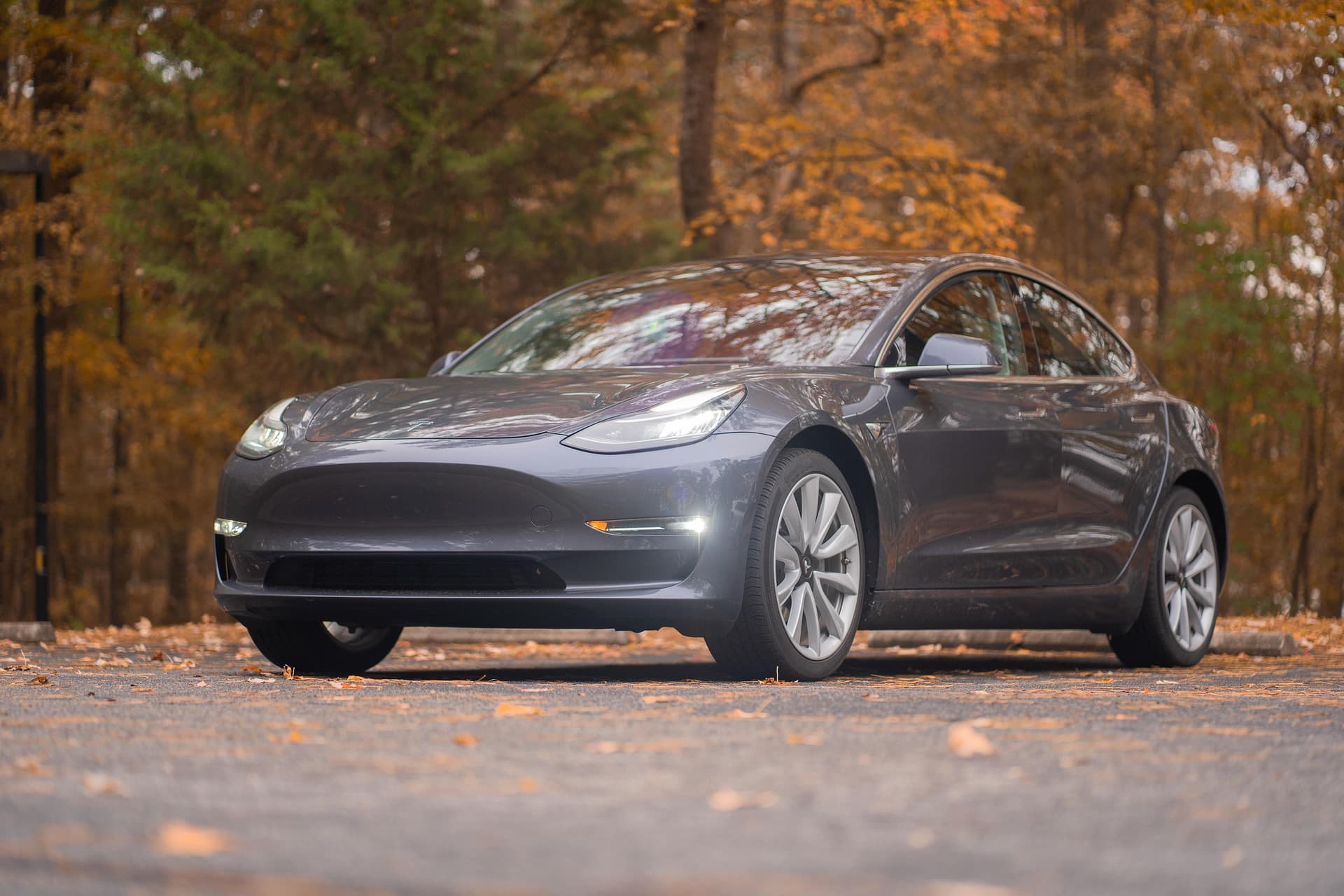 Grey Tesla Model 3 parked on a leaf-covered road with vibrant orange autumn foliage.
